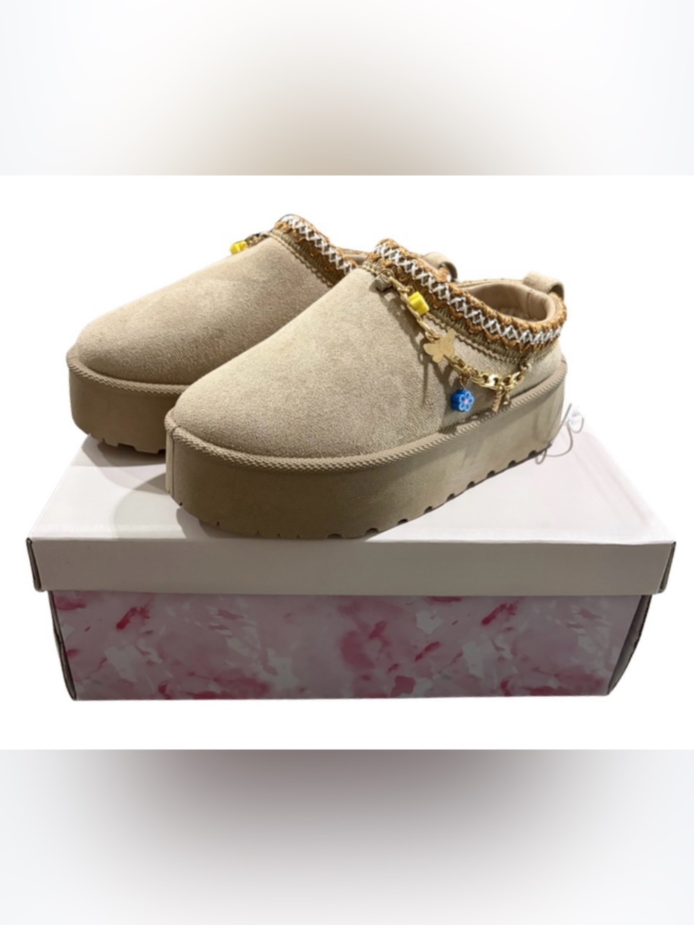 Girls' Beige Slip-On Platform Boots with Decorative Chain Accents